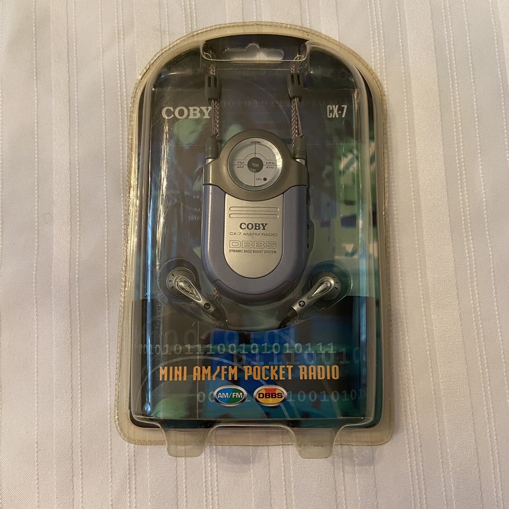 COBY CX-7 Mini AM/FM Pocket Portable Radio With Neck Strap Blue Built-in Belt